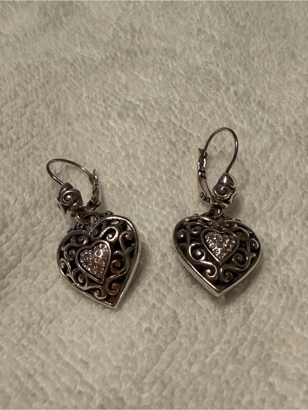 Brighton Silver Heart Filigree Earrings with Crystal Centers